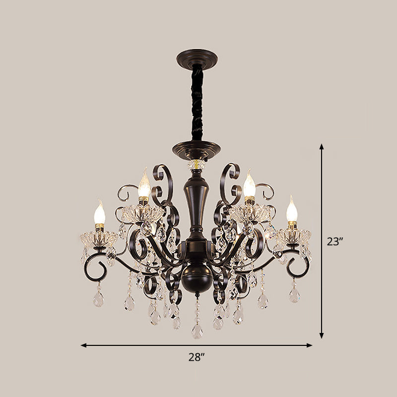 Metallic Candle Hanging Lamp Kit Minimalism 6/8 Bulbs Black Chandelier with Crystal Strands and Curvy Arm Clearhalo 'Ceiling Lights' 'Chandeliers' 'Modern Chandeliers' 'Modern' Lighting' 1713396