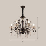 Metallic Candle Hanging Lamp Kit Minimalism 6/8 Bulbs Black Chandelier with Crystal Strands and Curvy Arm Clearhalo 'Ceiling Lights' 'Chandeliers' 'Modern Chandeliers' 'Modern' Lighting' 1713396