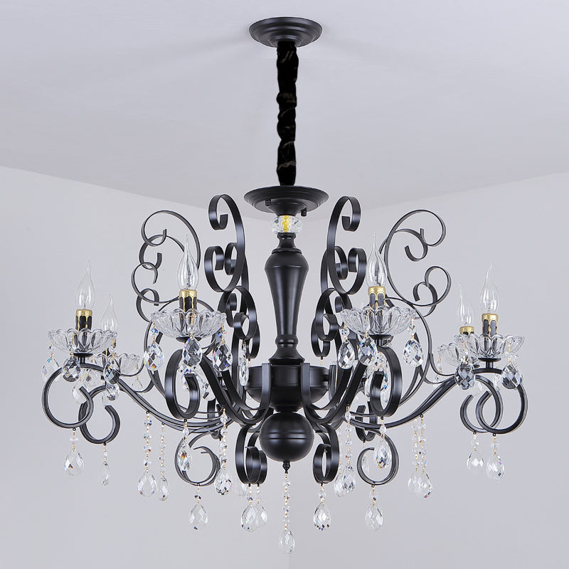 Metallic Candle Hanging Lamp Kit Minimalism 6/8 Bulbs Black Chandelier with Crystal Strands and Curvy Arm Clearhalo 'Ceiling Lights' 'Chandeliers' 'Modern Chandeliers' 'Modern' Lighting' 1713399