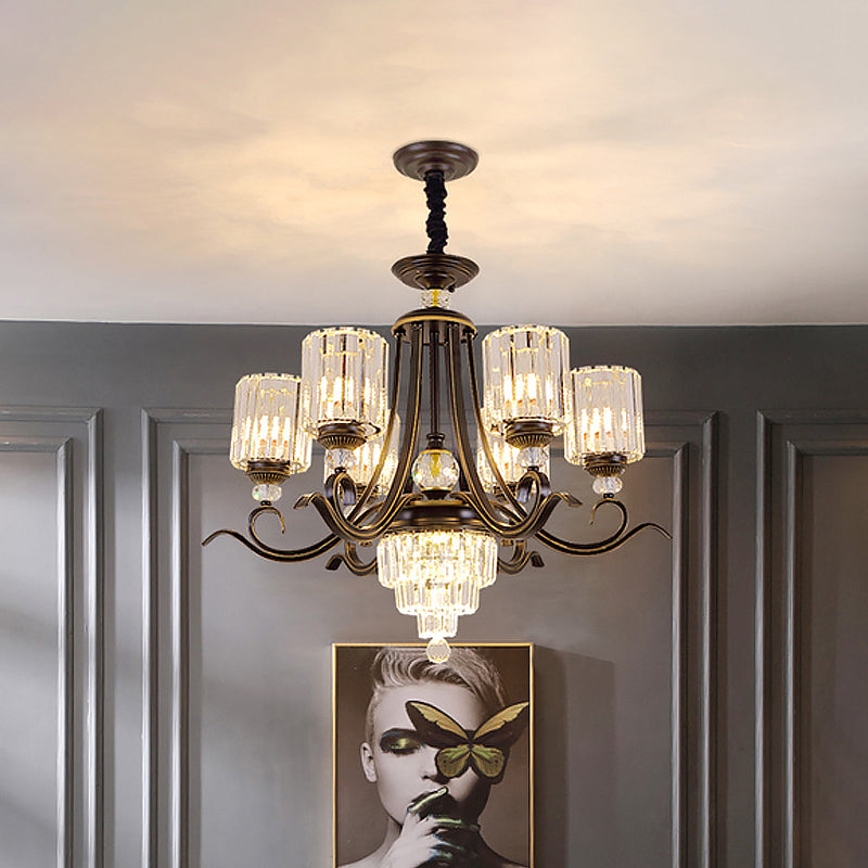 Crystal Block Cylinder Chandelier Minimalist 6/8-Bulb Ceiling Pendant Light with Curvy Arm in Black 6 Black Clearhalo 'Ceiling Lights' 'Chandeliers' 'Modern Chandeliers' 'Modern' Lighting' 1713420