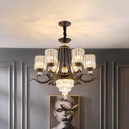 Crystal Block Cylinder Chandelier Minimalist 6/8-Bulb Ceiling Pendant Light with Curvy Arm in Black 6 Black Clearhalo 'Ceiling Lights' 'Chandeliers' 'Modern Chandeliers' 'Modern' Lighting' 1713420