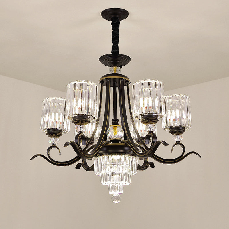 Crystal Block Cylinder Chandelier Minimalist 6/8-Bulb Ceiling Pendant Light with Curvy Arm in Black Clearhalo 'Ceiling Lights' 'Chandeliers' 'Modern Chandeliers' 'Modern' Lighting' 1713421