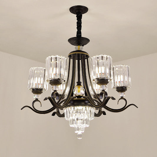 Crystal Block Cylinder Chandelier Minimalist 6/8-Bulb Ceiling Pendant Light with Curvy Arm in Black Clearhalo 'Ceiling Lights' 'Chandeliers' 'Modern Chandeliers' 'Modern' Lighting' 1713421