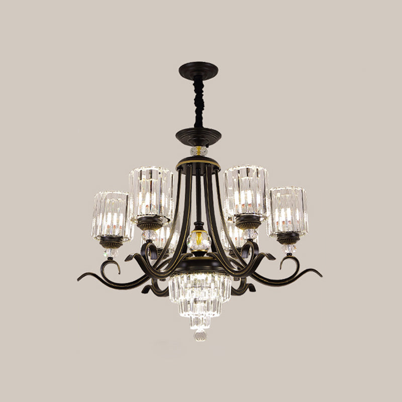 Crystal Block Cylinder Chandelier Minimalist 6/8-Bulb Ceiling Pendant Light with Curvy Arm in Black Clearhalo 'Ceiling Lights' 'Chandeliers' 'Modern Chandeliers' 'Modern' Lighting' 1713422