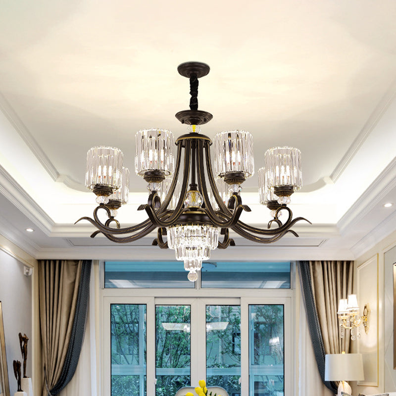 Crystal Block Cylinder Chandelier Minimalist 6/8-Bulb Ceiling Pendant Light with Curvy Arm in Black Clearhalo 'Ceiling Lights' 'Chandeliers' 'Modern Chandeliers' 'Modern' Lighting' 1713425