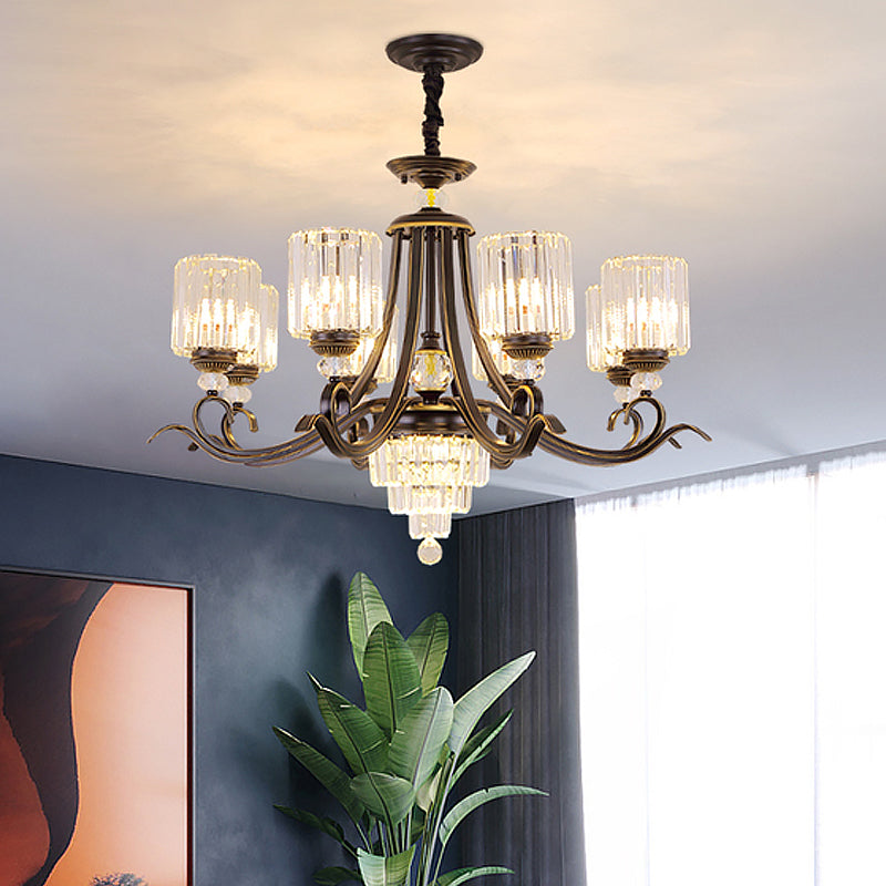 Crystal Block Cylinder Chandelier Minimalist 6/8-Bulb Ceiling Pendant Light with Curvy Arm in Black Clearhalo 'Ceiling Lights' 'Chandeliers' 'Modern Chandeliers' 'Modern' Lighting' 1713426