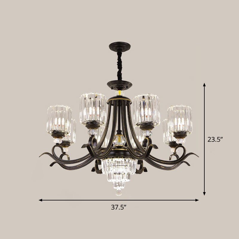 Crystal Block Cylinder Chandelier Minimalist 6/8-Bulb Ceiling Pendant Light with Curvy Arm in Black Clearhalo 'Ceiling Lights' 'Chandeliers' 'Modern Chandeliers' 'Modern' Lighting' 1713428