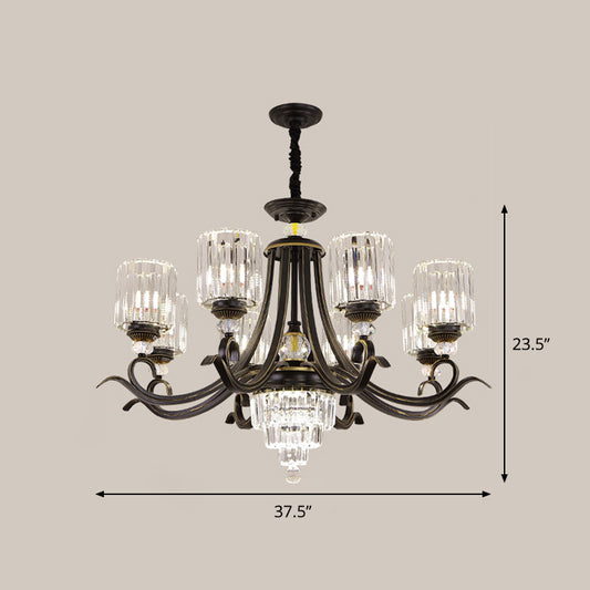 Crystal Block Cylinder Chandelier Minimalist 6/8-Bulb Ceiling Pendant Light with Curvy Arm in Black Clearhalo 'Ceiling Lights' 'Chandeliers' 'Modern Chandeliers' 'Modern' Lighting' 1713428