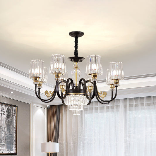 Black Tapered Ceiling Lamp Simplicity 6/8 Lights Prismatic Crystal Chandelier Lighting Fixture with Scroll Arm 8 Black Clearhalo 'Ceiling Lights' 'Chandeliers' 'Modern Chandeliers' 'Modern' Lighting' 1713433