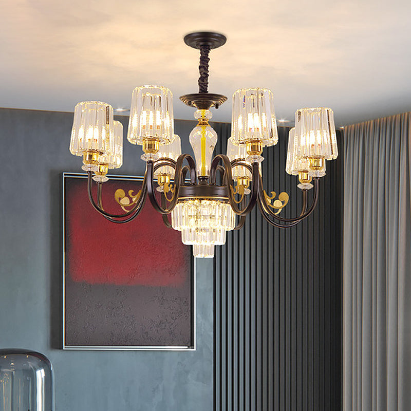 Black Tapered Ceiling Lamp Simplicity 6/8 Lights Prismatic Crystal Chandelier Lighting Fixture with Scroll Arm Clearhalo 'Ceiling Lights' 'Chandeliers' 'Modern Chandeliers' 'Modern' Lighting' 1713435