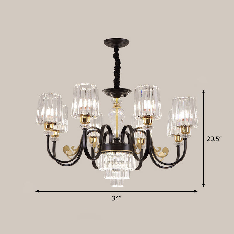 Black Tapered Ceiling Lamp Simplicity 6/8 Lights Prismatic Crystal Chandelier Lighting Fixture with Scroll Arm Clearhalo 'Ceiling Lights' 'Chandeliers' 'Modern Chandeliers' 'Modern' Lighting' 1713437