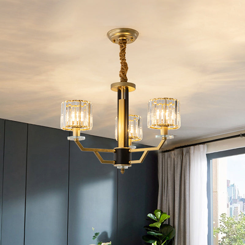 Cylindrical Bedroom Pendant Lighting Hand-Cut Crystal 3/6 Lights Modernism Chandelier in Gold 3 Gold Clearhalo 'Ceiling Lights' 'Chandeliers' 'Modern Chandeliers' 'Modern' Lighting' 1713447