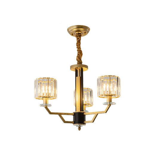 Cylindrical Bedroom Pendant Lighting Hand-Cut Crystal 3/6 Lights Modernism Chandelier in Gold Clearhalo 'Ceiling Lights' 'Chandeliers' 'Modern Chandeliers' 'Modern' Lighting' 1713448