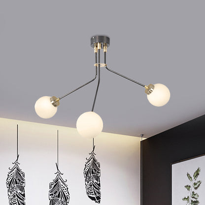 Globe White Glass Chandelier Light Modern 3/7 Lights Black Pendant Lighting Fixture for Living Room 3 Black Clearhalo 'Ceiling Lights' 'Chandeliers' 'Modern Chandeliers' 'Modern' Lighting' 1713489