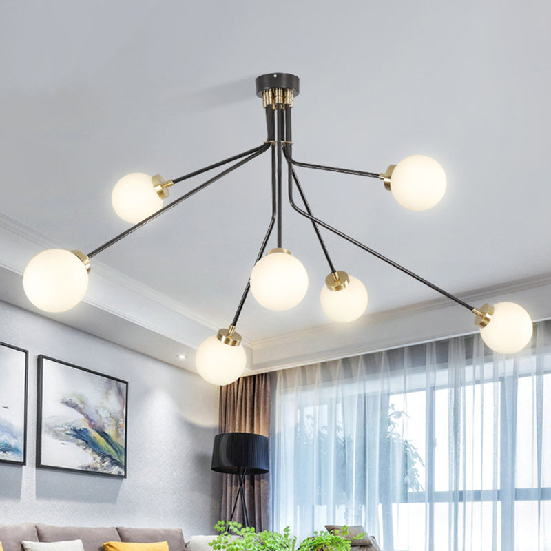 Globe White Glass Chandelier Light Modern 3/7 Lights Black Pendant Lighting Fixture for Living Room 7 Black Clearhalo 'Ceiling Lights' 'Chandeliers' 'Modern Chandeliers' 'Modern' Lighting' 1713493