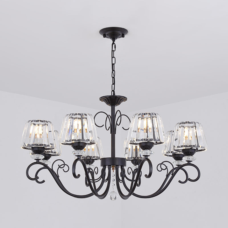 Conic Chandelier Light Fixture Vintage Crystal Prisms 3/6/8 Heads Black Suspension Lighting with Scroll Arm Clearhalo 'Ceiling Lights' 'Chandeliers' 'Modern Chandeliers' 'Modern' Lighting' 1713551