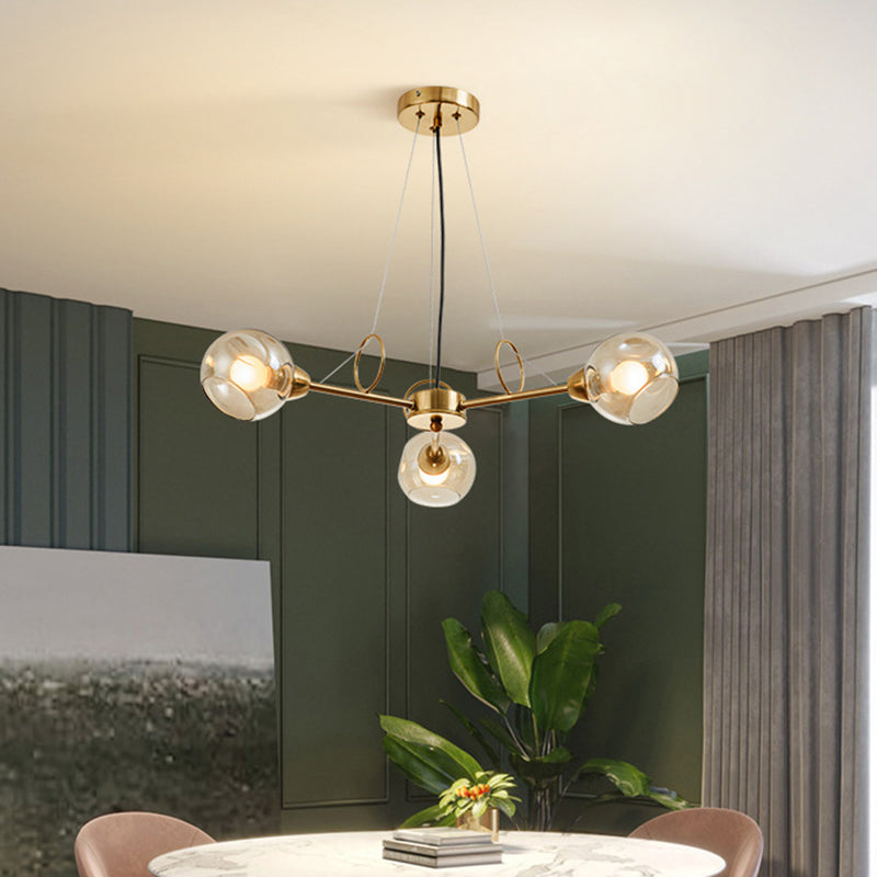 Globe Clear Glass Chandelier Light Fixture Vintage 3/6/8 Bulbs Gold Hanging Lighting, Warm/White Light 3 Gold Clearhalo 'Ceiling Lights' 'Chandeliers' 'Modern Chandeliers' 'Modern' Lighting' 1713636