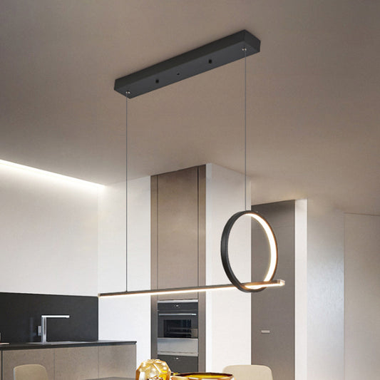 Modernist Linear and Ring Chandelier Lamp Iron Dining Room LED Island Pendant Light in Black