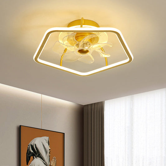 Pentagon Hanging Fan Light Contemporary Acrylic 19" W LED Bedroom Semi Flush Mount in Black/Gold, 7 Blades Gold Clearhalo 'Ceiling Fans with Lights' 'Ceiling Fans' 'Modern Ceiling Fans' 'Modern' Lighting' 1713779