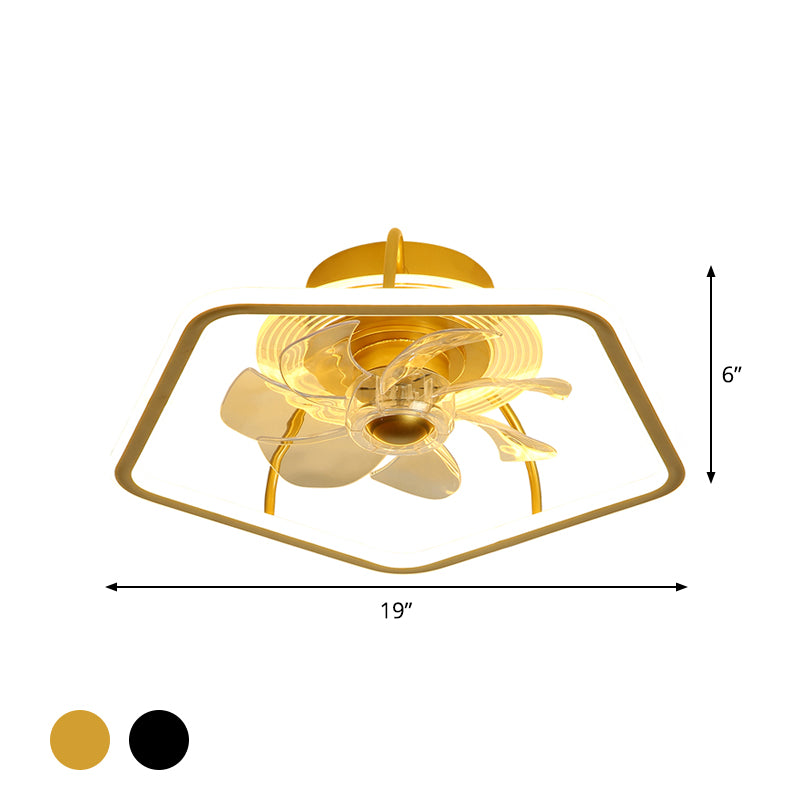Pentagon Hanging Fan Light Contemporary Acrylic 19" W LED Bedroom Semi Flush Mount in Black/Gold, 7 Blades Clearhalo 'Ceiling Fans with Lights' 'Ceiling Fans' 'Modern Ceiling Fans' 'Modern' Lighting' 1713782