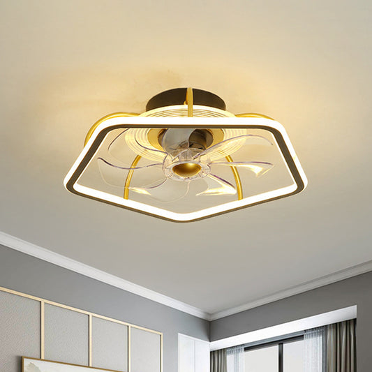 Pentagon Hanging Fan Light Contemporary Acrylic 19" W LED Bedroom Semi Flush Mount in Black/Gold, 7 Blades Clearhalo 'Ceiling Fans with Lights' 'Ceiling Fans' 'Modern Ceiling Fans' 'Modern' Lighting' 1713784