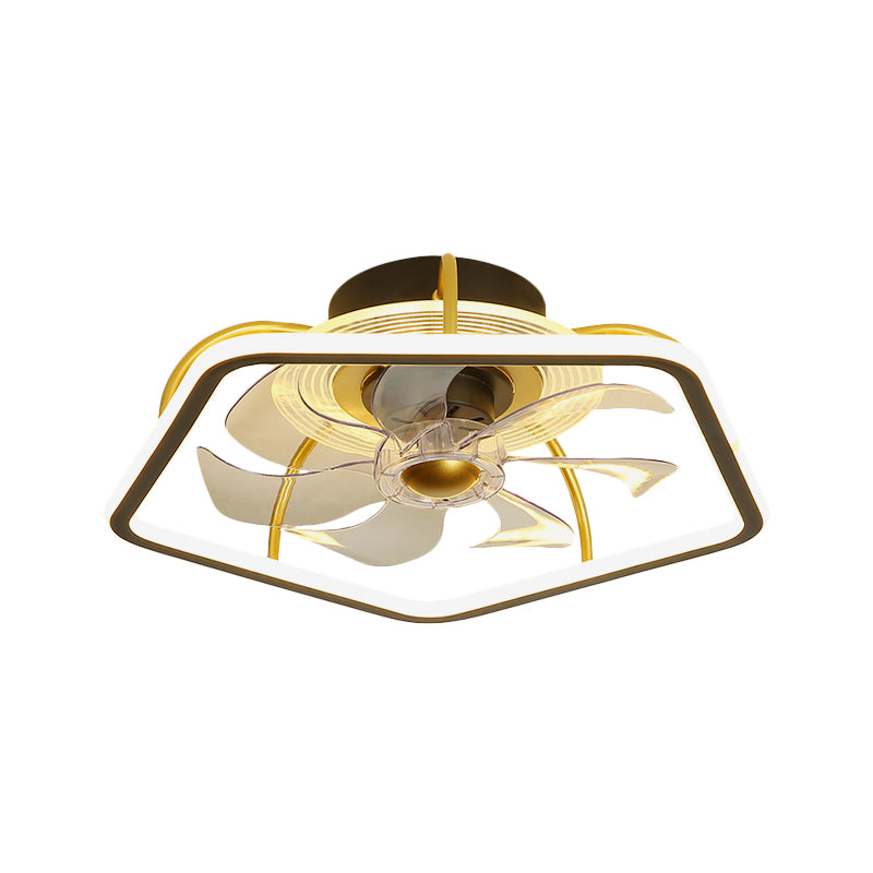 Pentagon Hanging Fan Light Contemporary Acrylic 19" W LED Bedroom Semi Flush Mount in Black/Gold, 7 Blades Clearhalo 'Ceiling Fans with Lights' 'Ceiling Fans' 'Modern Ceiling Fans' 'Modern' Lighting' 1713785