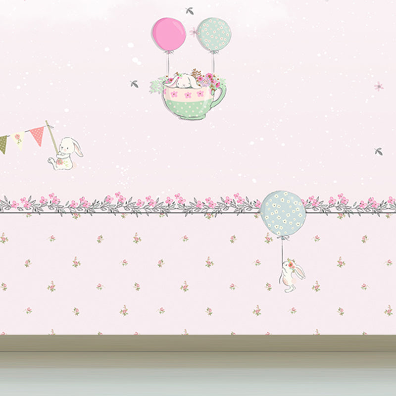 Non-Woven Large Pastel Mural Cartoon Rabbit and Hot Air Balloon Wall Decor, Custom Size Clearhalo 'Wall Decor' 'Wall Mural' 1713795