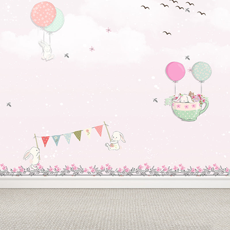 Non-Woven Large Pastel Mural Cartoon Rabbit and Hot Air Balloon Wall Decor, Custom Size Clearhalo 'Wall Decor' 'Wall Mural' 1713796