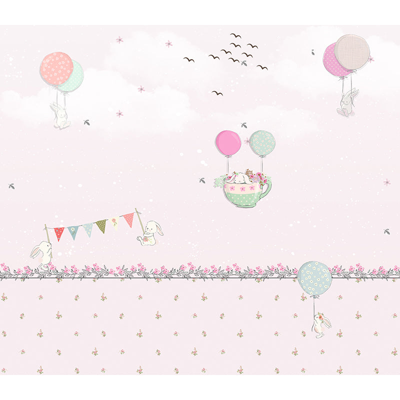 Non-Woven Large Pastel Mural Cartoon Rabbit and Hot Air Balloon Wall Decor, Custom Size Clearhalo 'Wall Decor' 'Wall Mural' 1713797