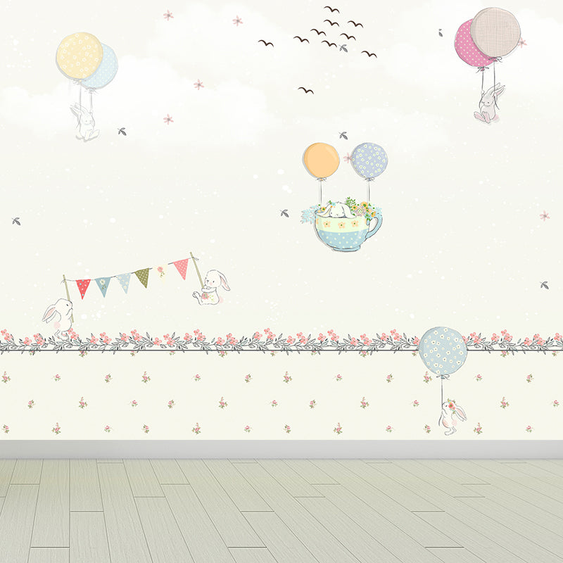 Non-Woven Large Pastel Mural Cartoon Rabbit and Hot Air Balloon Wall Decor, Custom Size Light Yellow Clearhalo 'Wall Decor' 'Wall Mural' 1713799