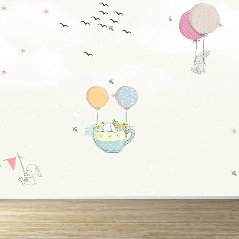 Non-Woven Large Pastel Mural Cartoon Rabbit and Hot Air Balloon Wall Decor, Custom Size Clearhalo 'Wall Decor' 'Wall Mural' 1713801