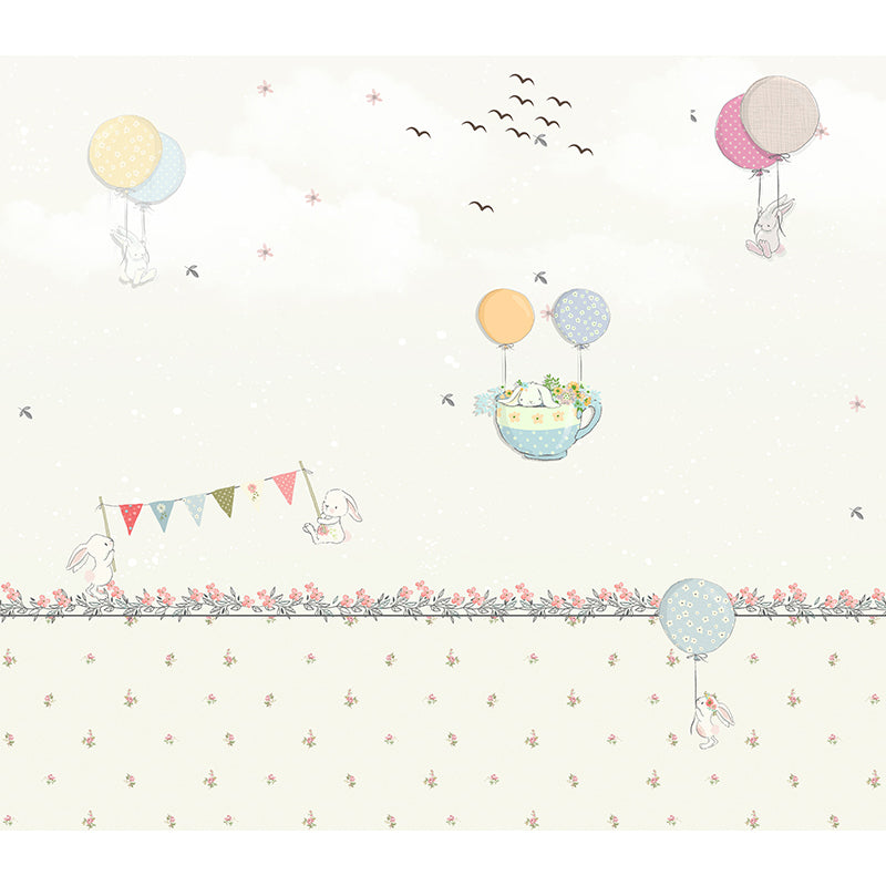 Non-Woven Large Pastel Mural Cartoon Rabbit and Hot Air Balloon Wall Decor, Custom Size Clearhalo 'Wall Decor' 'Wall Mural' 1713802