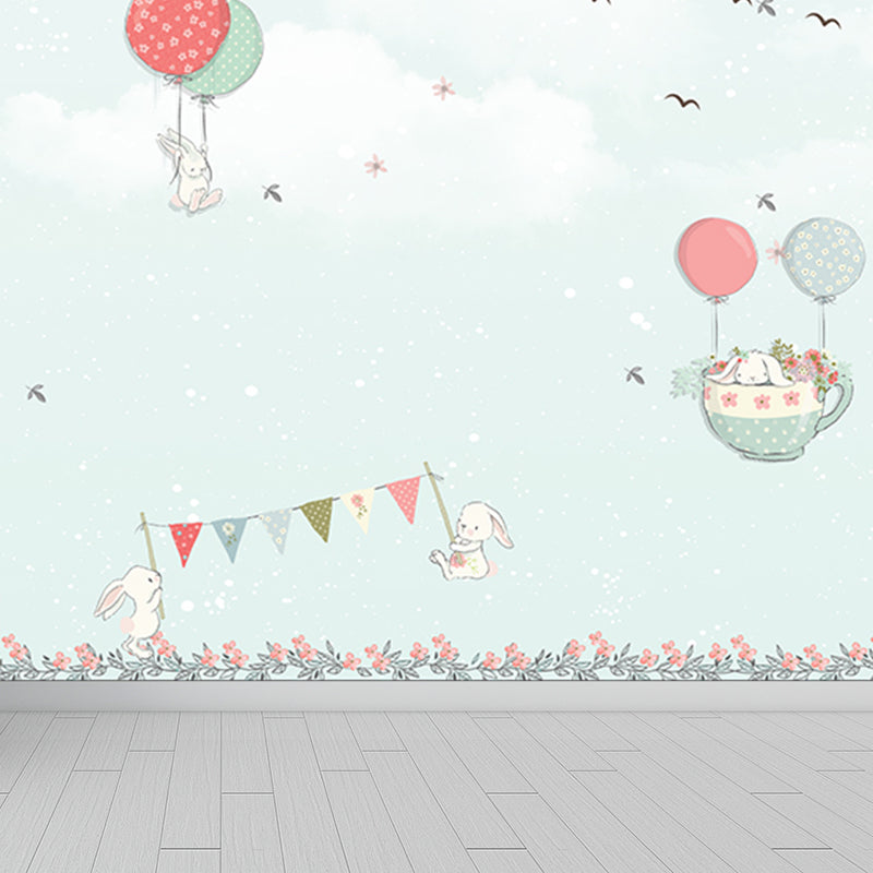 Non-Woven Large Pastel Mural Cartoon Rabbit and Hot Air Balloon Wall Decor, Custom Size Clearhalo 'Wall Decor' 'Wall Mural' 1713805