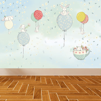 Full Size Rabbit Mural Wallpaper Waterproofing Cartoon Nursery Wall Art in Light Blue Light Blue Clearhalo 'Wall Decor' 'Wall Mural' 1713814