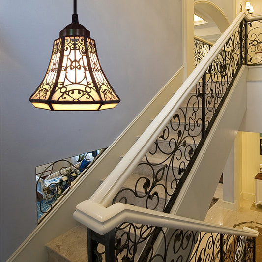 Tiffany Bell Down Mini Pendant 1 Light Beige Stained Glass Ceiling Suspension Lamp for Stair Beige Clearhalo 'Ceiling Lights' 'Chandeliers' 'Industrial' 'Middle Century Pendants' 'Pendant Lights' 'Pendants' 'Tiffany close to ceiling' 'Tiffany Pendants' 'Tiffany' Lighting' 171383