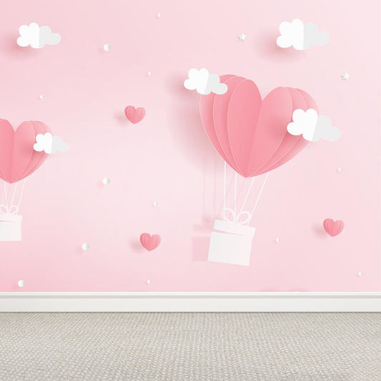 Full Size Cartoon Mural Wallpaper Pink Heart-Shaped Hot Air Balloon Wall Decor, Custom Print Clearhalo 'Wall Decor' 'Wall Mural' 1713875