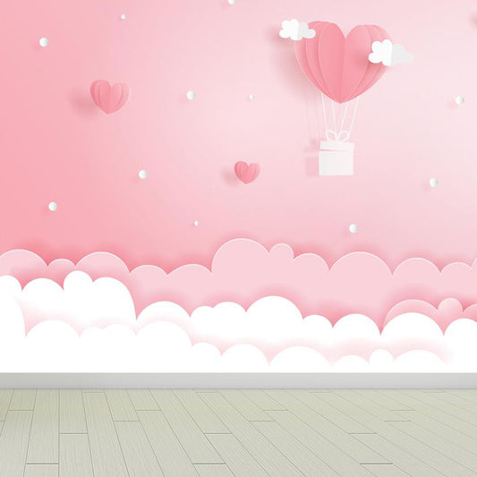 Full Size Cartoon Mural Wallpaper Pink Heart-Shaped Hot Air Balloon Wall Decor, Custom Print Clearhalo 'Wall Decor' 'Wall Mural' 1713876