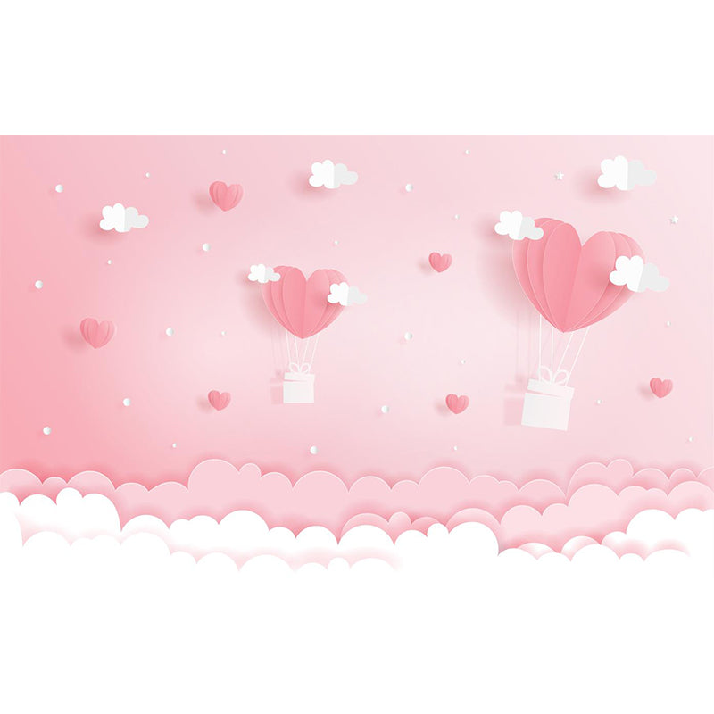 Full Size Cartoon Mural Wallpaper Pink Heart-Shaped Hot Air Balloon Wall Decor, Custom Print Clearhalo 'Wall Decor' 'Wall Mural' 1713877