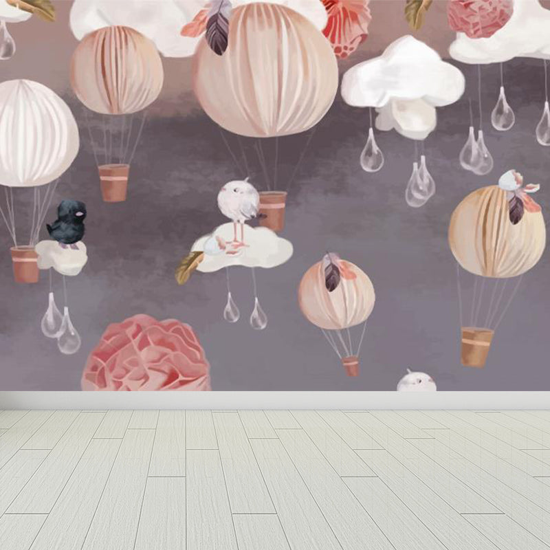 Hot Air Balloon Wallpaper Mural Grey Cartoon Wall Covering for Childrens Bedroom Grey Clearhalo 'Wall Decor' 'Wall Mural' 1713879