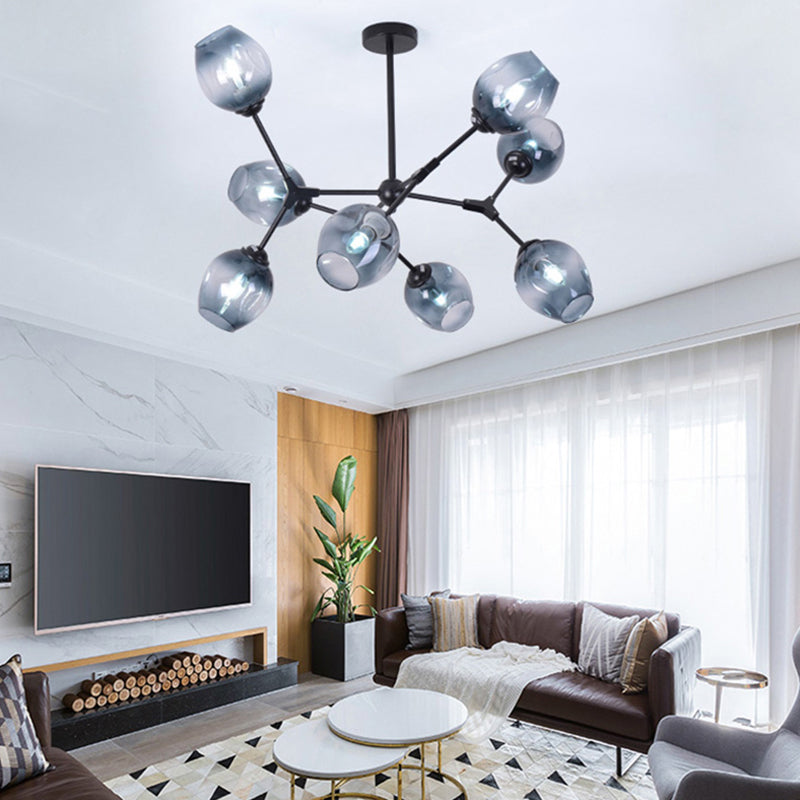 Black Branch Chandelier Modern Nordic Style 6/8/9 Lights Amber/Blue/Clear Glass Ceiling Light with Adjustable Arm Clearhalo 'Ceiling Lights' 'Chandeliers' 'Clear' 'Glass shade' 'Glass' 'Industrial' 'Modern Chandeliers' 'Modern' 'Tiffany' 'Traditional Chandeliers' Lighting' 171388