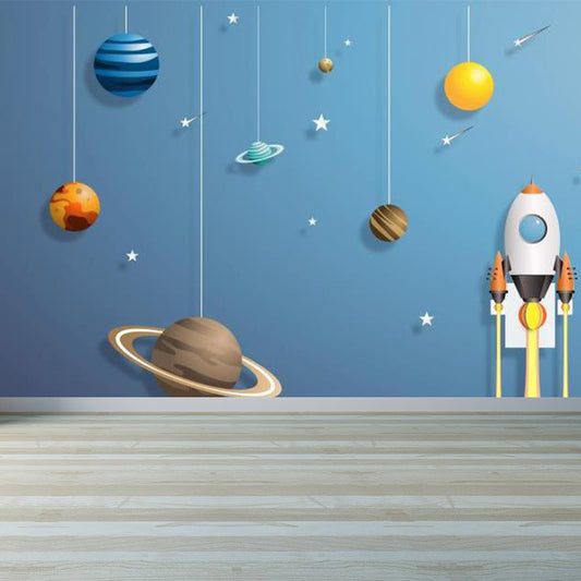 Kids Suspended Planets Wallpaper Mural Blue Outer Space Wall Art for Boys Bedroom Clearhalo 'Wall Decor' 'Wall Mural' 1713885