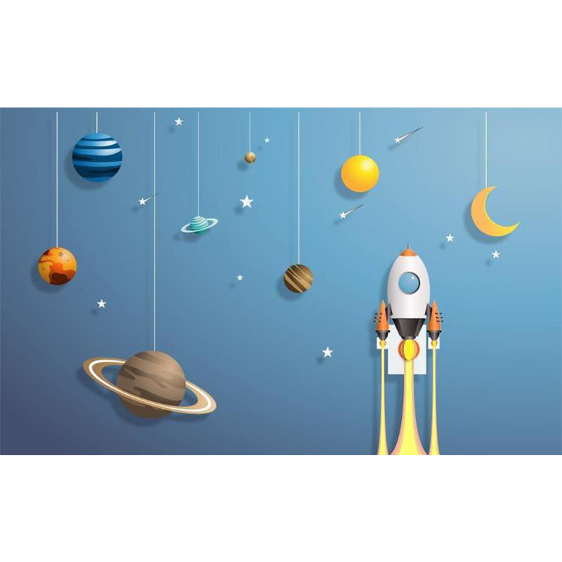 Kids Suspended Planets Wallpaper Mural Blue Outer Space Wall Art for Boys Bedroom Clearhalo 'Wall Decor' 'Wall Mural' 1713887