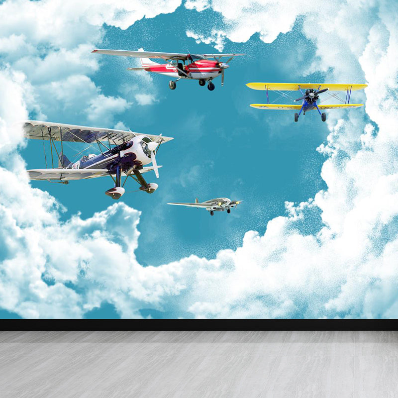 Non-Woven Waterproof Mural Cartoon Biplane and Cloud Wall Decor for Kids Bedroom Sky Blue Clearhalo 'Wall Decor' 'Wall Mural' 1713889