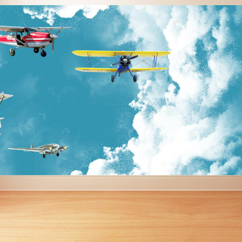 Non-Woven Waterproof Mural Cartoon Biplane and Cloud Wall Decor for Kids Bedroom Clearhalo 'Wall Decor' 'Wall Mural' 1713890