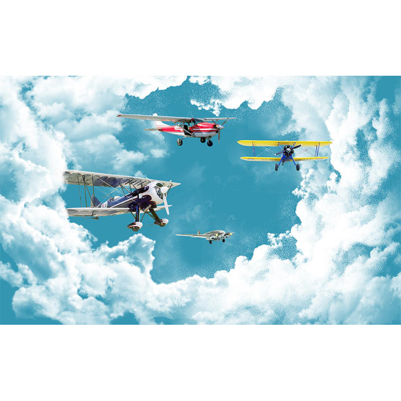 Non-Woven Waterproof Mural Cartoon Biplane and Cloud Wall Decor for Kids Bedroom Clearhalo 'Wall Decor' 'Wall Mural' 1713892