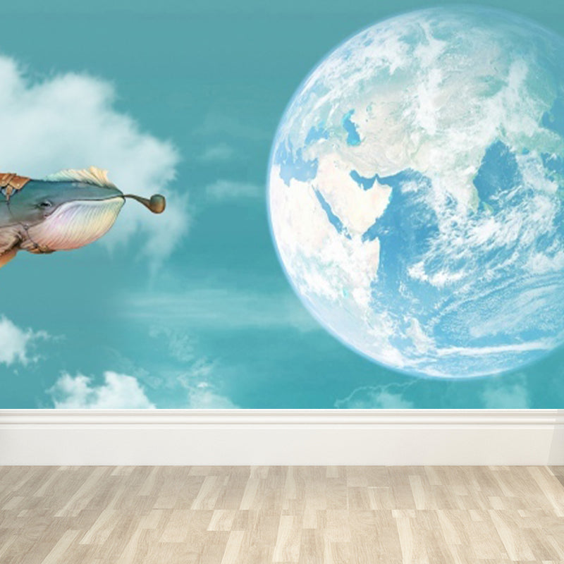 Non-Woven Big Blue Mural Cartoon Whale and the Earth Wall Art, Custom Size Available Clearhalo 'Wall Decor' 'Wall Mural' 1713901
