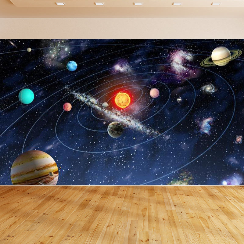 Kids Solar System Wall Mural Non-Woven Waterproof Dark Blue Wall Covering for Room Dark Blue Clearhalo 'Wall Decor' 'Wall Mural' 1713909
