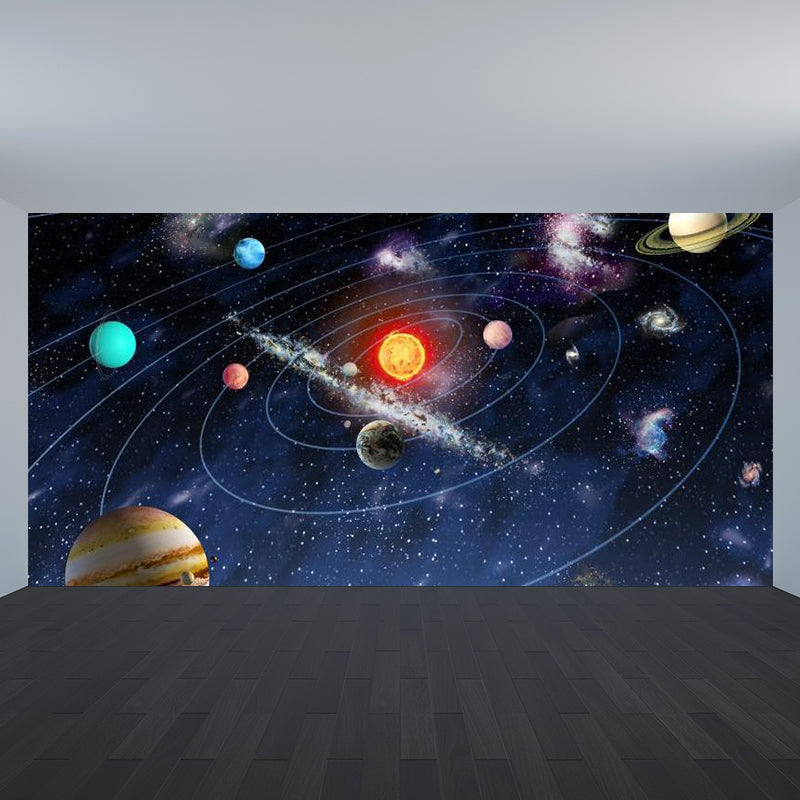 Kids Solar System Wall Mural Non-Woven Waterproof Dark Blue Wall Covering for Room Clearhalo 'Wall Decor' 'Wall Mural' 1713910