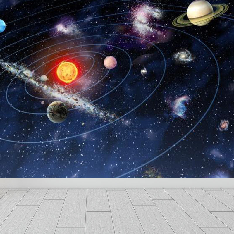 Kids Solar System Wall Mural Non-Woven Waterproof Dark Blue Wall Covering for Room Clearhalo 'Wall Decor' 'Wall Mural' 1713911