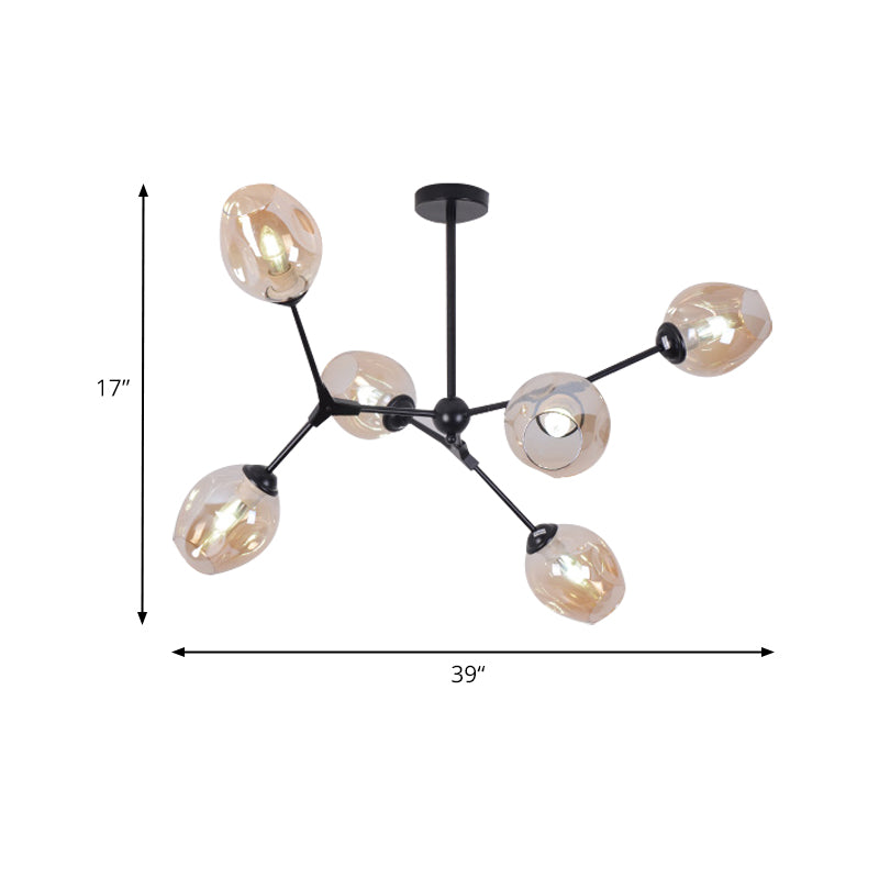 Black Branch Chandelier Modern Nordic Style 6/8/9 Lights Amber/Blue/Clear Glass Ceiling Light with Adjustable Arm Clearhalo 'Ceiling Lights' 'Chandeliers' 'Clear' 'Glass shade' 'Glass' 'Industrial' 'Modern Chandeliers' 'Modern' 'Tiffany' 'Traditional Chandeliers' Lighting' 171393
